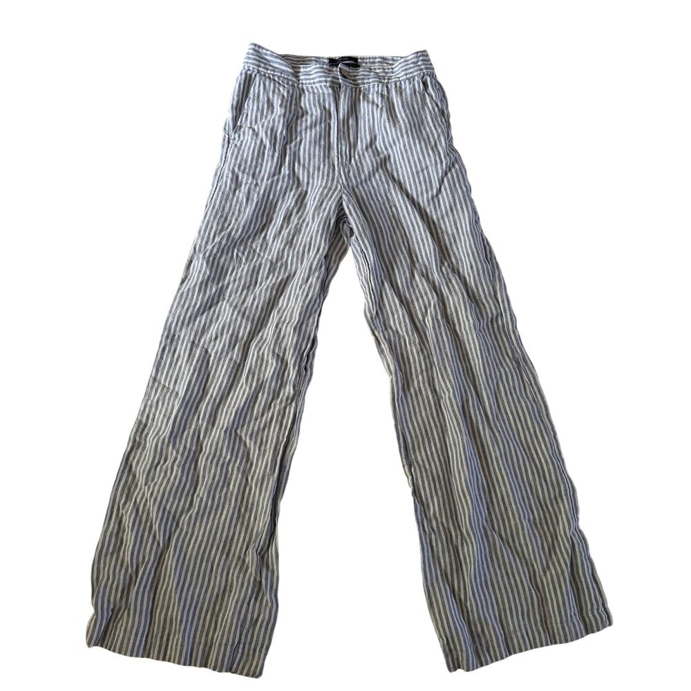 Blue White Stripe 100% Linen High Rise Pants 4 Coastal Preppy Loose Natural